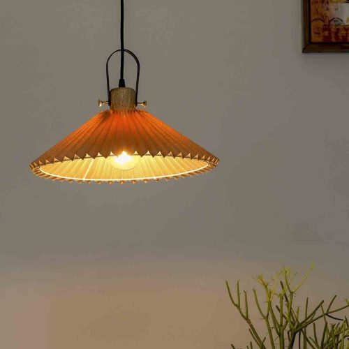 Dolmen shade wood and metal Hanging Pendant Light With Beige Cotton Shade